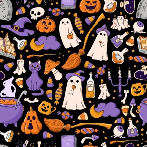 TKANINA WODOODPORNA OXFORD Halloweenowe duszki i fioletowe akcesoria [na zamówienie]