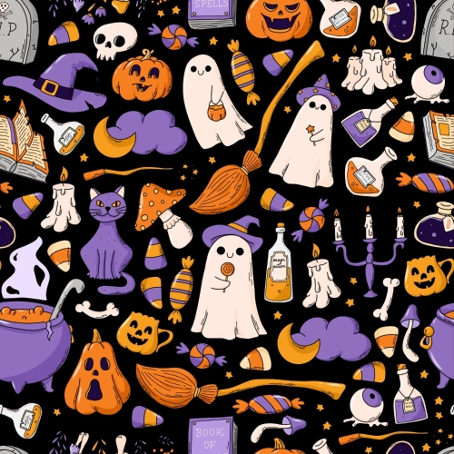 TKANINA WODOODPORNA OXFORD Halloweenowe duszki i fioletowe akcesoria