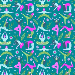 Tkanina OXFORD wodoodporna Joga - kobiety na zielonym tle [na zamówienie]