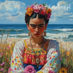 Panel wodoodporny - Frida Kahlo - na tle morza, kwietna łąka (druk na zamówienie)