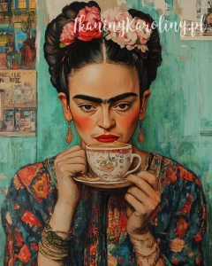 Panel wodoodporny 40x50cm - Frida Kahlo - z białą filiżanką na turkusowym tle (druk na zamówienie)