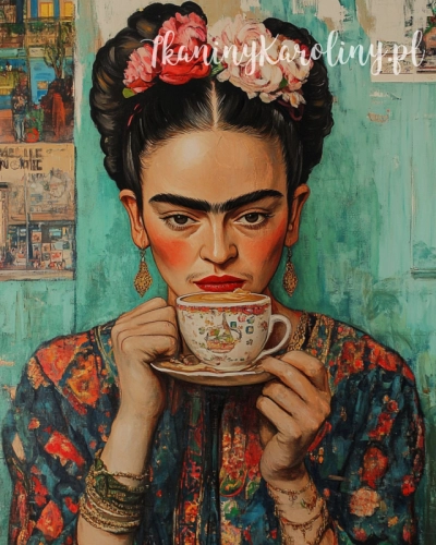 Panel wodoodporny 40x50cm - Frida Kahlo - z białą filiżanką na turkusowym tle (druk na zamówienie)