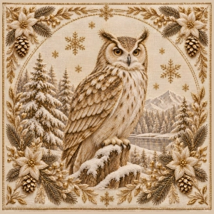 Panel welurowy Sowa zimowa haft (druk na zamówienie)