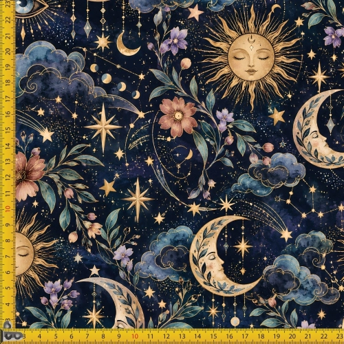 Tkanina OXFORD wodoodporna Słońce i księżyc – Magia nocy, granat