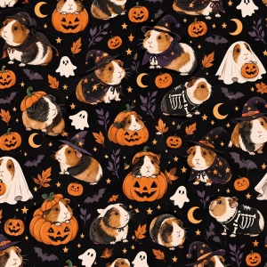 Tkanina OXFORD wodoodporna Świnki morskie halloween na czarnym (druk na zamówienie)