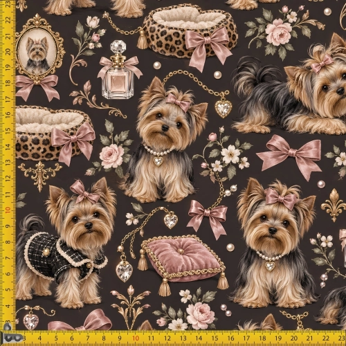 Tkanina OXFORD wodoodporna Eleganckie Yorki na brązowym tle