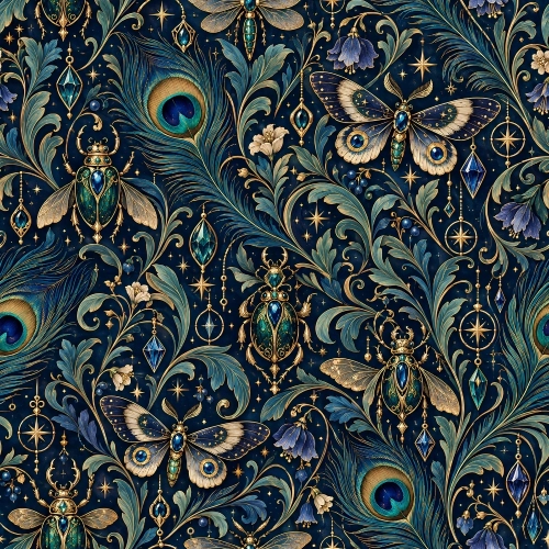 Tkanina OXFORD wodoodporna Magiczne owady i granatowe pawie pióra