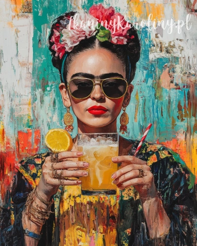Panel wodoodporny 40x50cm - Frida Kahlo - drink z pomarańczą, okulary przeciwsłoneczne (druk na zamówienie)