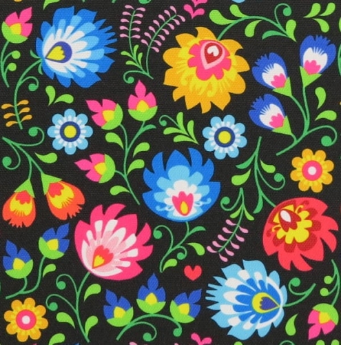 TKANINA WODOODPORNA Łowicz kolorowy na czarnym