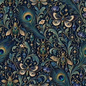 Tkanina OXFORD wodoodporna Magiczne owady i granatowe pawie pióra