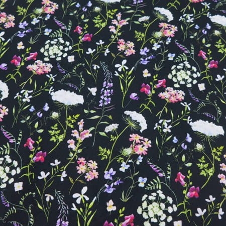 TKANINA WODOODPORNA OXFORD Wiosenna łąka na czarnym [6-8]