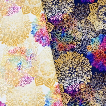 TKANINA WODOODPORNA Mandale tęczowe na granatowym