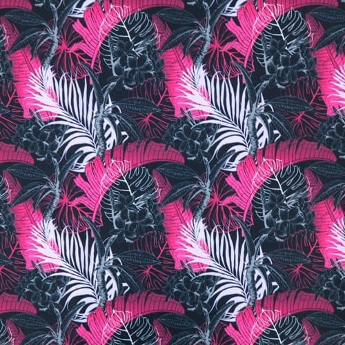 TKANINA WODOODPORNA Liście bananowca różowe na czarnym.JPG