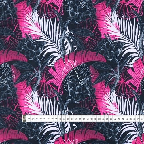 TKANINA WODOODPORNA Liście bananowca różowe na czarnym 1.JPG