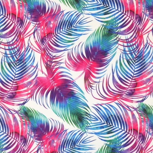 TKANINA WODOODPORNA Pióra kolorowe na białym [6-8]