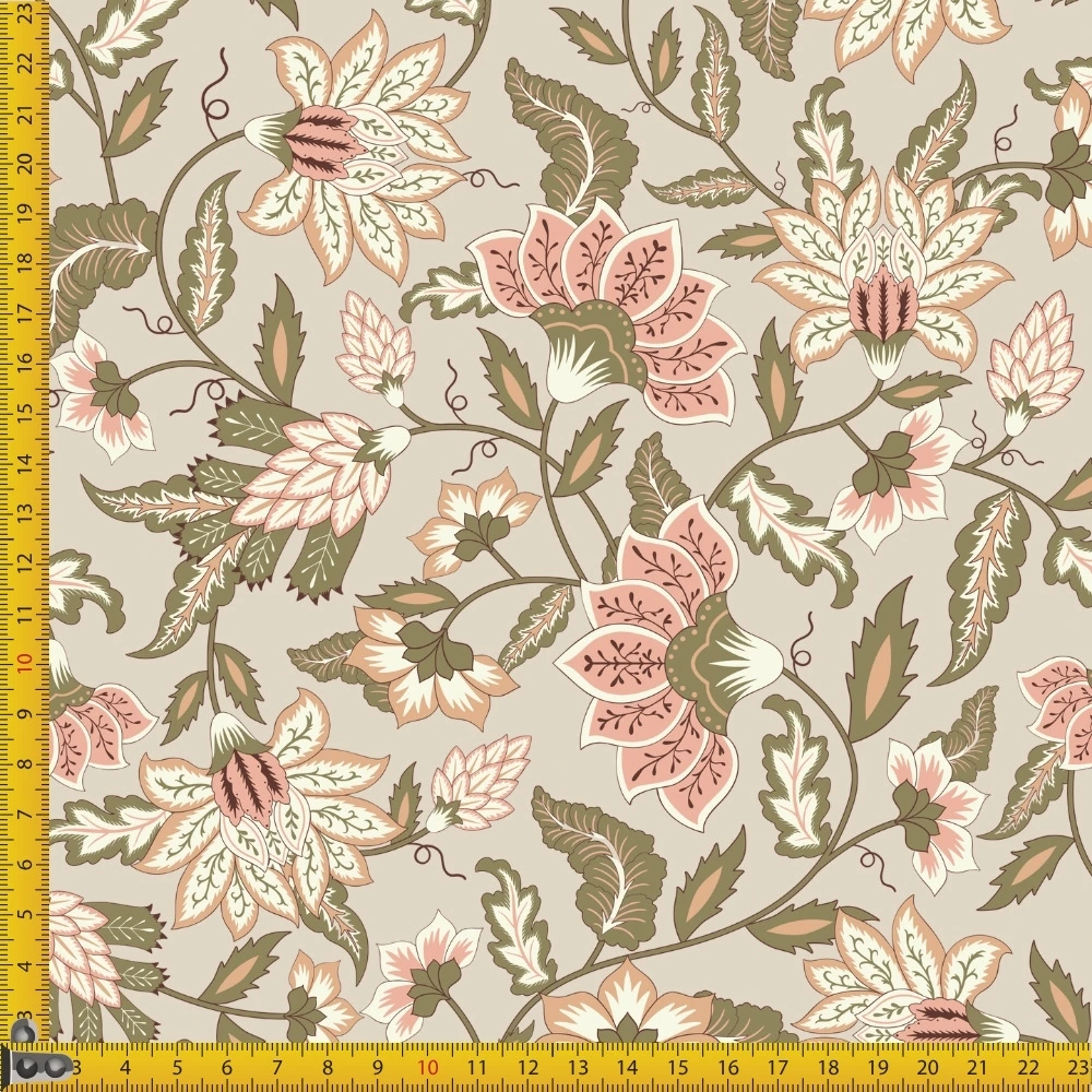 Kwiaty paysley khaki-brzoskwiniowe